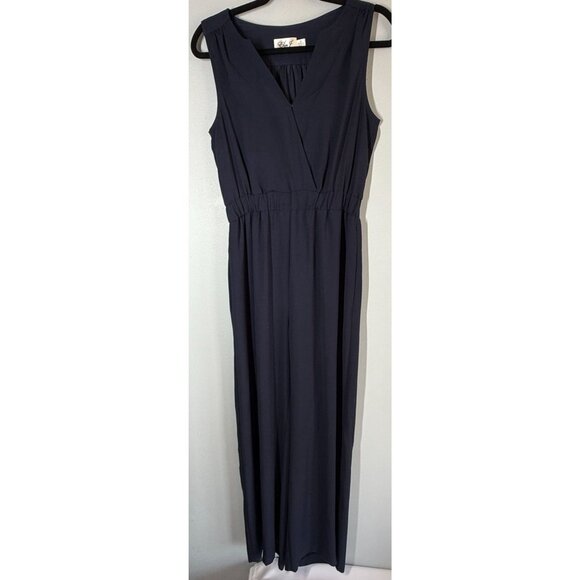 Eliza J Womens Crepe Jumpsuit 8 Petite Navy Blue Sleeveless V-Neck Dressy Chic - Picture 1 of 13